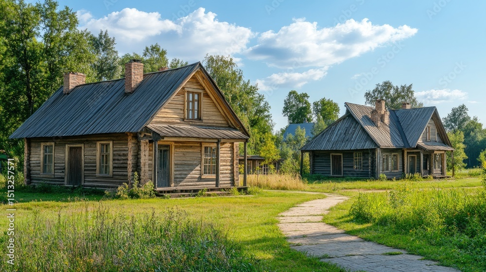 Obraz premium Rustic Wooden Houses in a Sunny Meadow