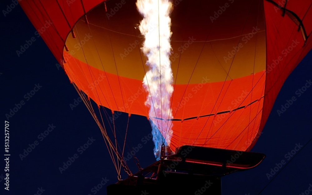 Obraz premium Strong flames inflate a bright red hot air balloon. A flight in Cappadocia. Turkey travel. Flames of a large fire and a balloon glowing in the dark. Tourist tour, Turkish culture, majestic journey