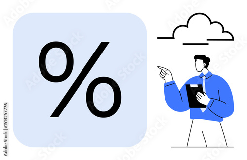 Large percentage sign alongside a professional holding a clipboard and pointing at data. Cloud overhead symbolizes remote data or calculations. Ideal for finance, analytics, business, strategy