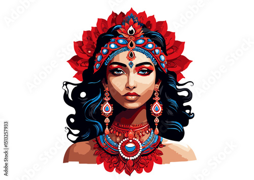 Majestic Indian Goddess Vibrant Portrait Illustration of a Woman in Traditional Jewelry and Headdress