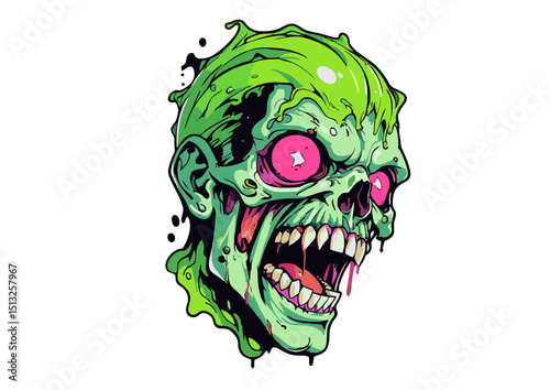 Gory Zombie Head Illustration Spooky Green Undead Skull Art