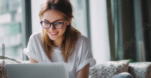 Smiling woman with glasses works on a laptop in a bright, comfortable room, enjoying technology and a modern lifestyle.