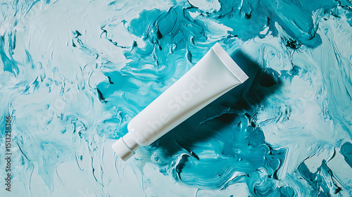 White tube of cream product on a background of swirling turquoise and white paint texture art