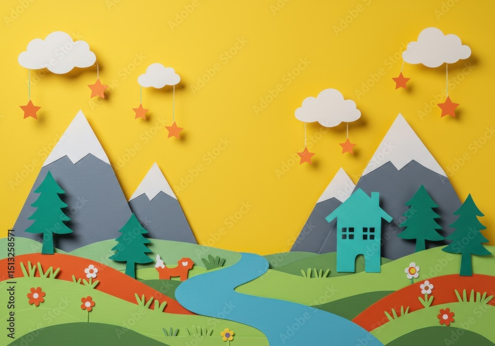 Fototapeta premium Charming papercraft landscape with house mountains and river