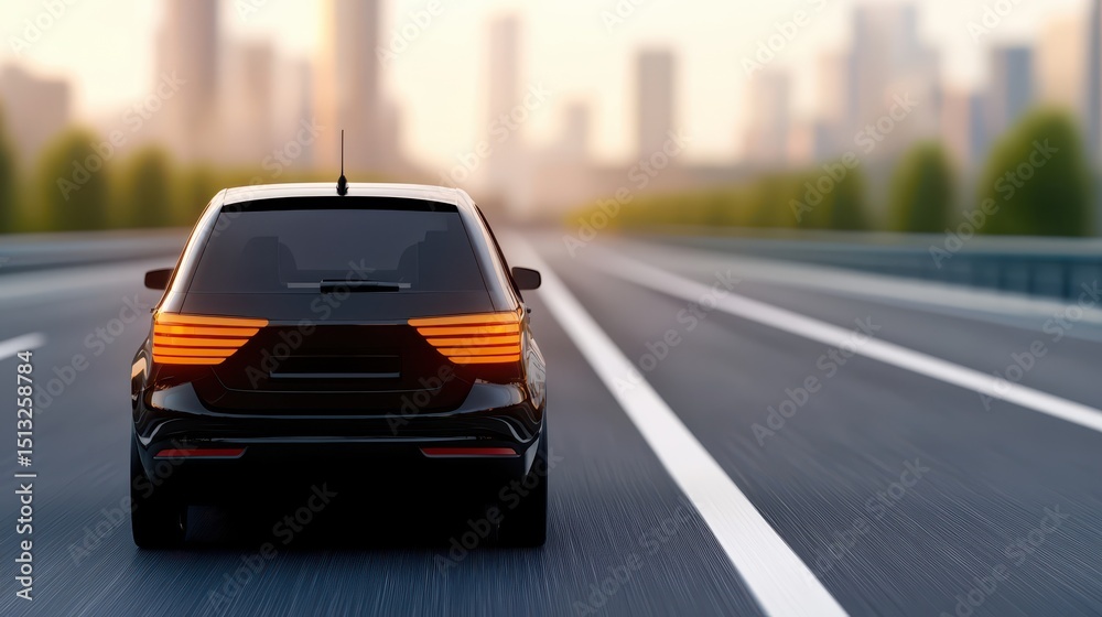 economy consumption efficiency concept. A sleek black car driving on an empty road with a city skyline in the background. economy consumption efficiency concept. A sleek black car driving on an empty road with a city skyline in the background.