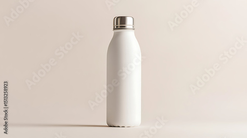 Isolated white reusable water bottle with silver cap on a neutral background in studio lighting