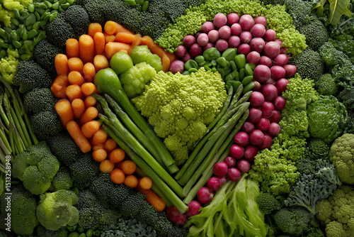 A heart made of vegetables including broccoli, carrots, and asparagus. The heart is surrounded by a variety of vegetables, including green beans, radishes, and cauliflower