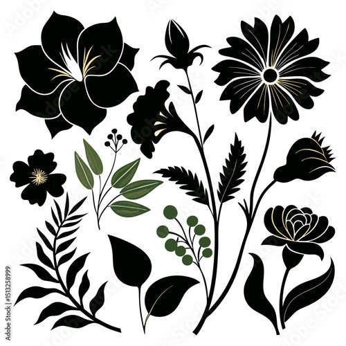 Seamless floral pattern with decorative flower, leaf, and swirl elements