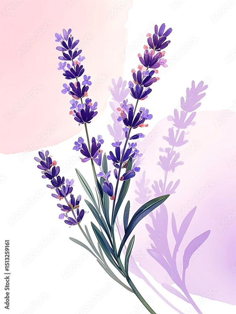 Naklejka premium Delicate lavender blooms watercolor style botanical art