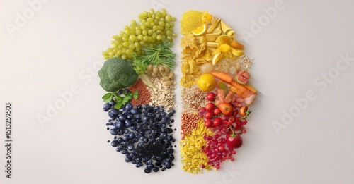 Visually appealing healthy food portions. Represents nutritious components for balanced diets in eye-catching layout. Fruit and vegetables galore!