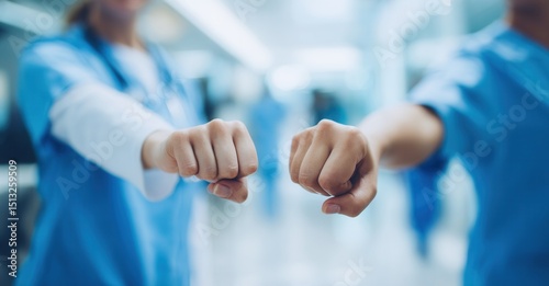 Two doctors perform a fist bump in the corridor. Healthcare providers share a moment of connection and mutual support in the hospital setting.