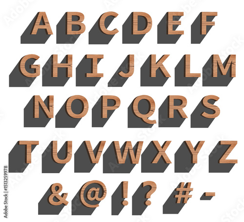 木製のアルファベットと記号のセット、白い背景、3D制作