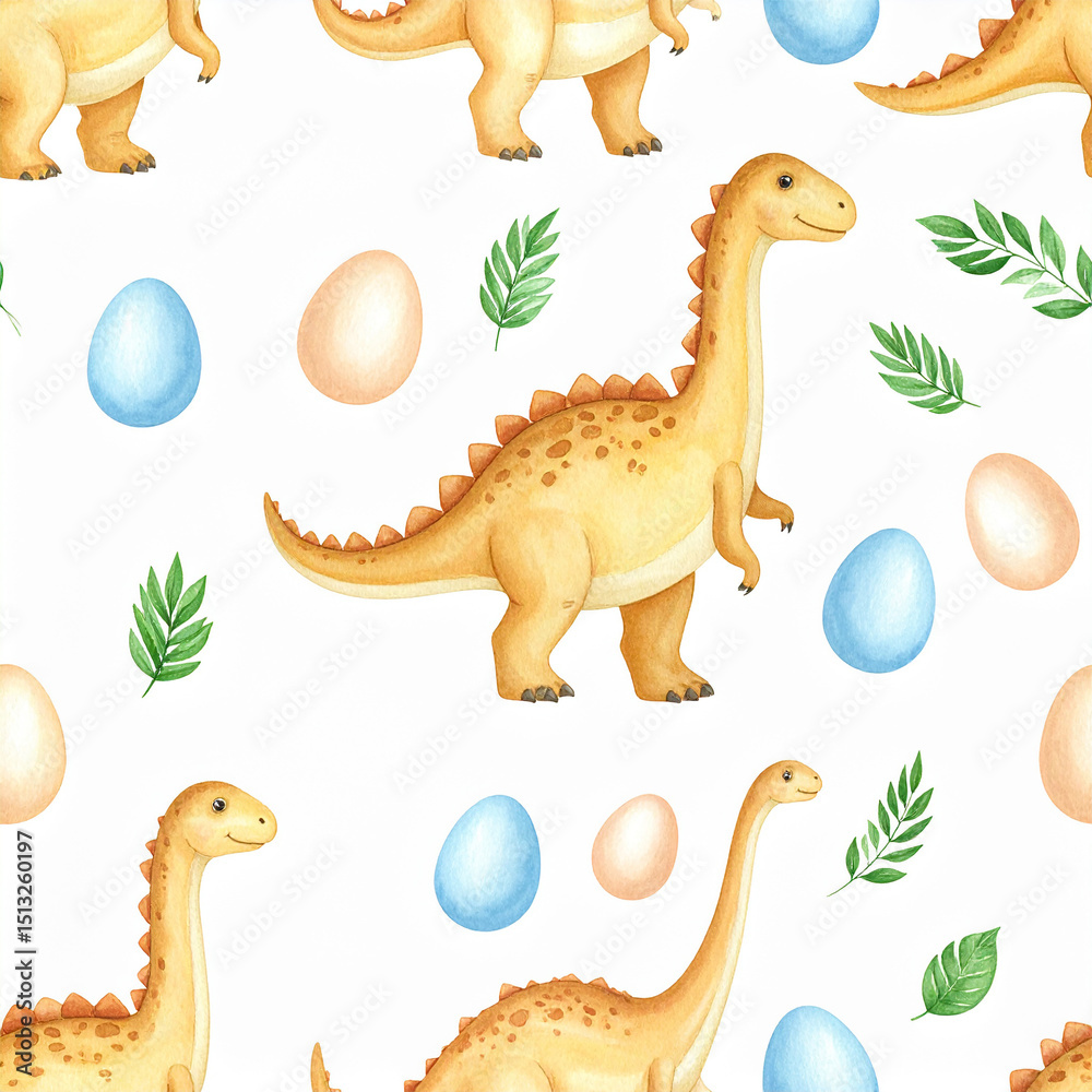Naklejka premium watercolor seamless pattern with dinosaurs and eggs