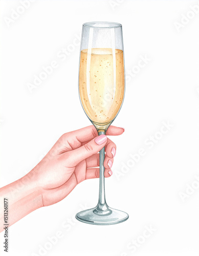 watercolor hand with champagne glass isolated on a white background