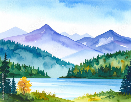 Watercolor mountain landscape with lake and forest