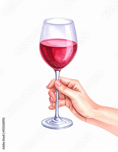 watercolor hand with wine glass isolated on a white background