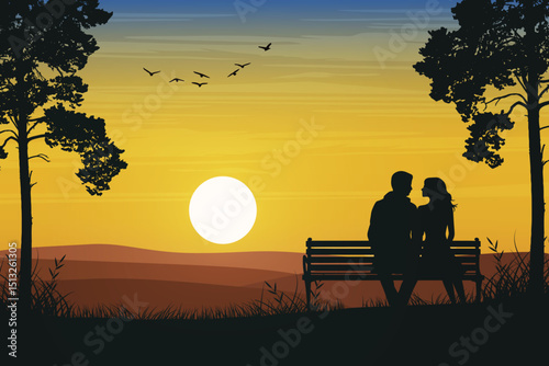 Romantic Silhouette of a Couple Sitting on a Park Bench at Sunset. Twilight Romance with Flying Birds, Trees and Glowing Setting Sun on the Horizon. Love and Nature Background Illustration.