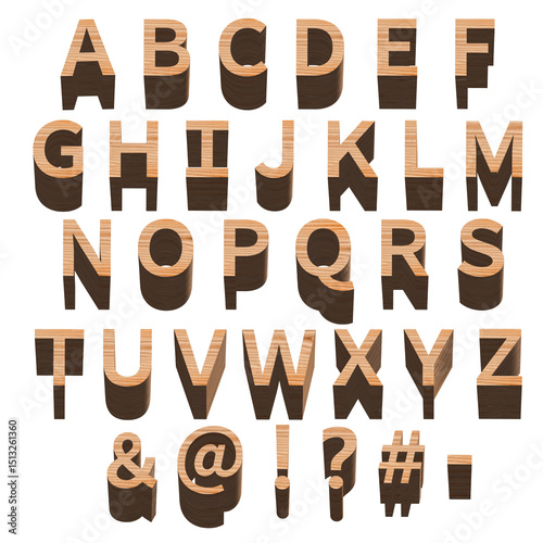 木製のアルファベットと記号のセット、白い背景、3D制作