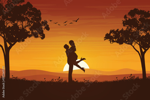 Romantic Silhouette of a Couple Embracing at Sunset. Twilight Romance with Flying Birds, Trees and Glowing Setting Sun on the Horizon. Love and Nature Background Illustration.