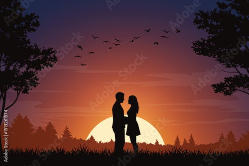 Romantic Silhouette of a Couple at Sunset. Twilight Romance with Flying Birds, Trees and Glowing Setting Sun on the Horizon. Love and Nature Background Illustration.