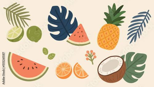 Colorful tropical fruits and leaves collection in flat cartoon style. Includes pineapple, coconut, watermelon, citrus, lime, and foliage. Perfect for summer, packaging, and print projects.