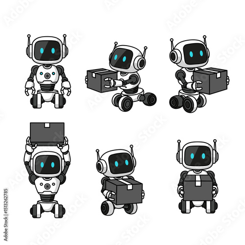 Collection of Pixel Art Robots Delivering Packages