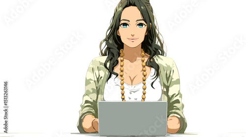 ノートパソコンで仕事をする女性、ベクターイラスト