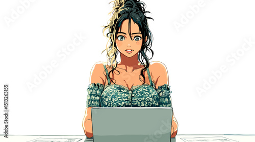 ノートパソコンで仕事をする女性、ベクターイラスト