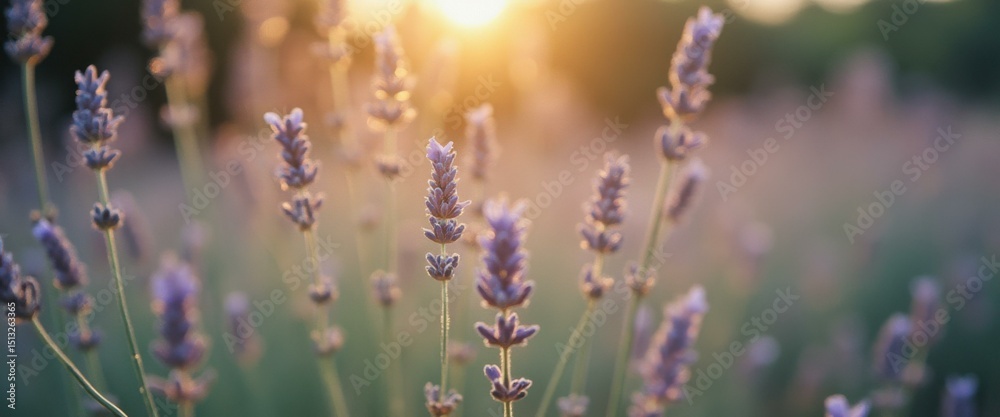 Obraz premium Blooming Lavender Field in Golden Light: A Serene Purple Landscape at Sunset