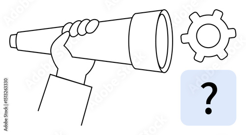 Hand gripping telescope for vision and direction, adjacent gear for problem-solving, and a question mark. Ideal for innovation, discovery, goals, problem-solving, research curiosity planning. Flat