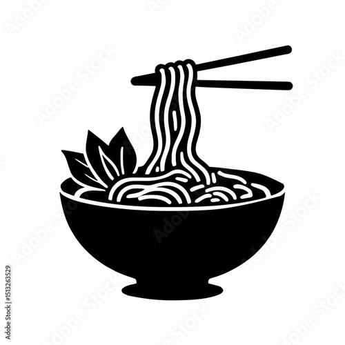 Minimalist black silhouette of a bowl of pho with noodles and herbs on white background