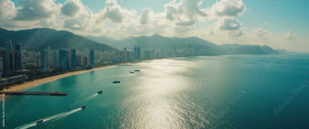 Fototapeta premium Coastal Cityscape with Turquoise Waters and Mountain Backdrop: Aerial View of Modern Architecture and Tranquil Seascape