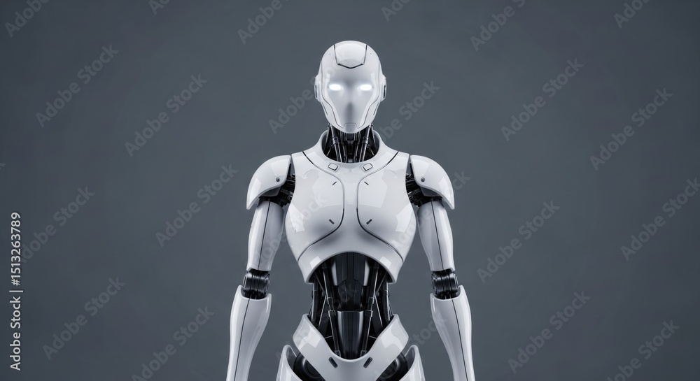 Fototapeta premium A humanoid robot with a sleek, white exterior and black mechanical joints stands against a gray background. The design is futuristic and emphasizes technology.