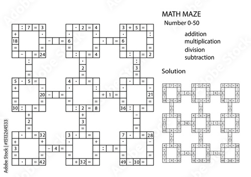 Math Maze for smart kids. Medium. Mixed Addition., subtraction, multiplication and division 0-50 for preschool children. Kindergarten and primary school. Math Labyrinth	
