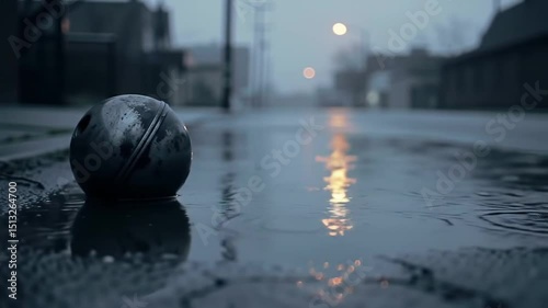Rain-soaked bowling ball resting on wet pavement in foggy evening  
