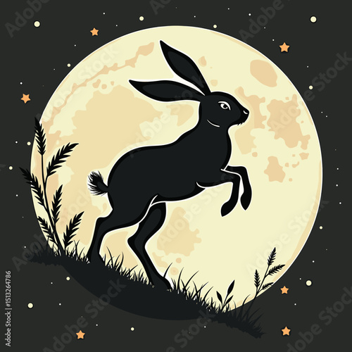 Black silhouette of a rabbit hopping in front of a full moon  