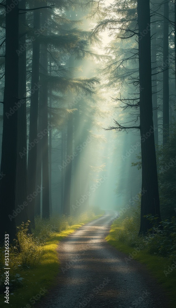 Naklejka premium Serene Forest Path: Sunlight Filtering Through Towering Trees, Creating a Mystical, Tranquil Escape into Nature