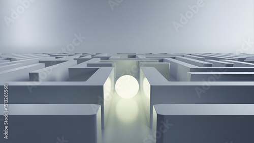 The 3D maze is a minimalist, monochromatic design, rendered in soft white tones, with a futuristic, clean composition, smooth surfaces, and subtle shadows, creating an ethereal atmosphere.