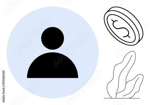 User profile silhouette inside circle, floating outlined dollar coin, abstract wavy plant composition. Ideal for finance, membership, authentication, investment, simplicity, app interface simple