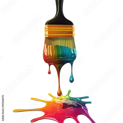 Paintbrush with dripping colorful paint isolated on transparent background.