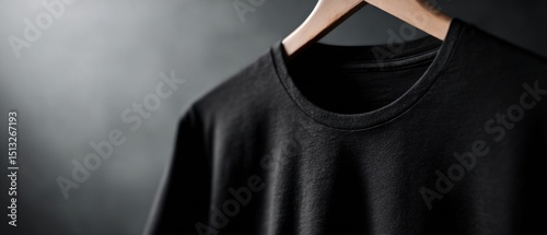 Plain black t-shirt hanging on wooden hanger with soft light gray background fabric detail