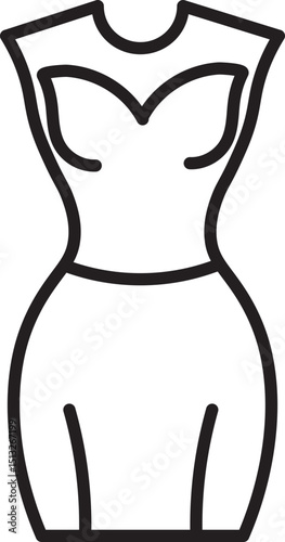 This features simple black outline of dress form, showcasing fitted dress with sweetheart neckline and pencil skirt. design is minimalistic and elegant