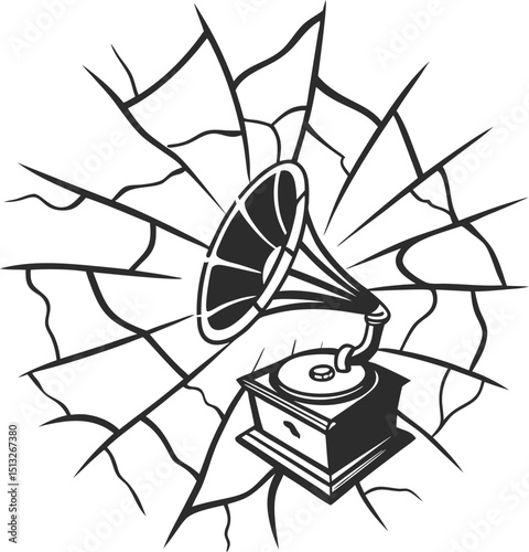 Vintage  vector Icons  Gramophone Cracks the Wall: Retro Art, Classic Music, Antique Sound, Bold Illustration of Timeless Audio with Impactful Detailing