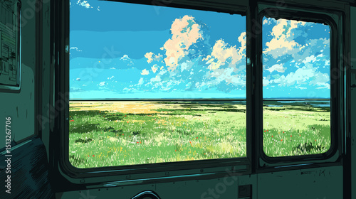 電車の窓から見える夏の草原と青空の風景、ベクターイラスト