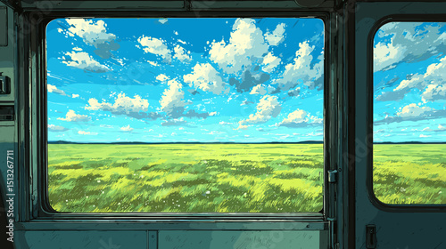 電車の窓から見える夏の草原と青空の風景、ベクターイラスト