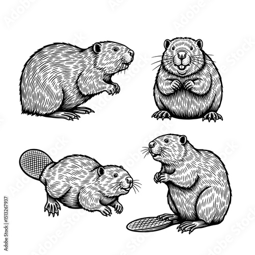 Four Detailed Black and White Beaver Illustrations