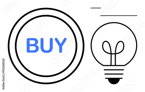 Blue text BUY inside a circular button next to a minimalistic lightbulb outline. Ideal for innovation, online shopping, e-commerce, marketing, creativity, startup, decision-making, flat simple