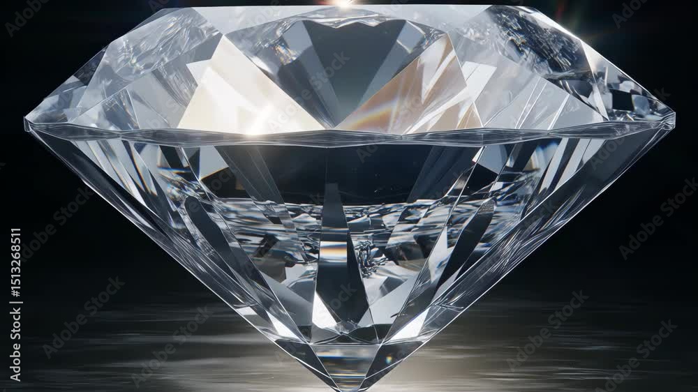 Macro view of a flawless sparkling diamond with light refractions on a dark reflective surface