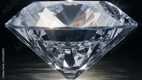 Macro view of a flawless sparkling diamond with light refractions on a dark reflective surface