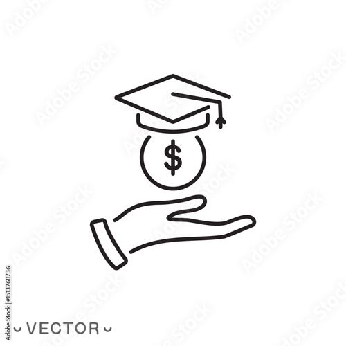 education credit or scholarship icon, money loan college, tuition expenses, college fee concept, thin line symbol isolated on white background, editable stroke eps 10 vector illustration